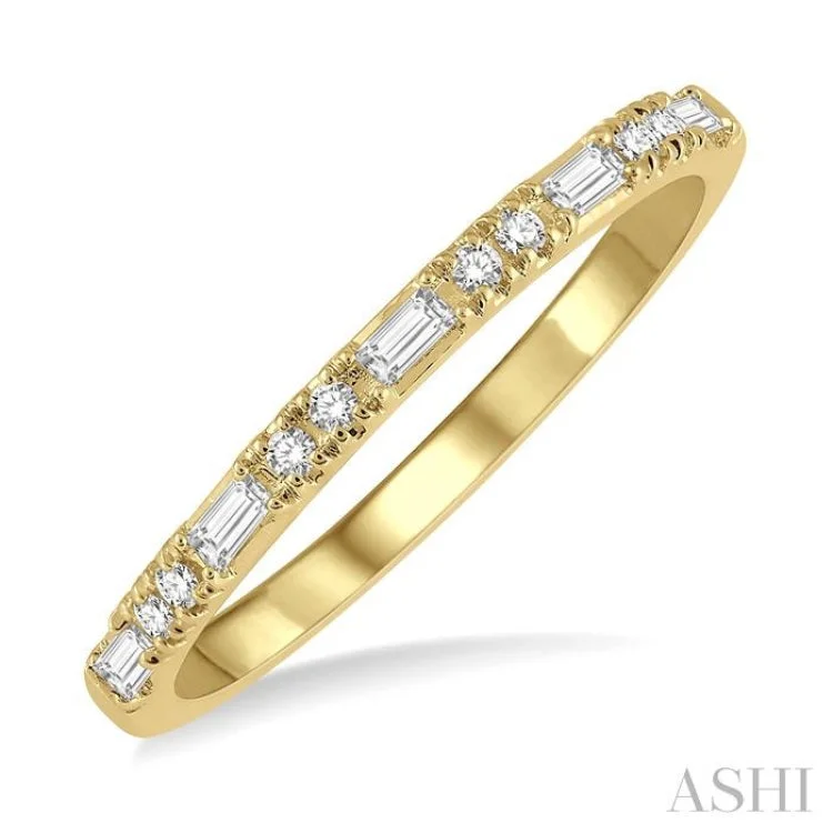 Simple Wedding Ring-1/6 Ctw Baguette and Round Cut Diamond Stack Band in 14K Yellow Gold