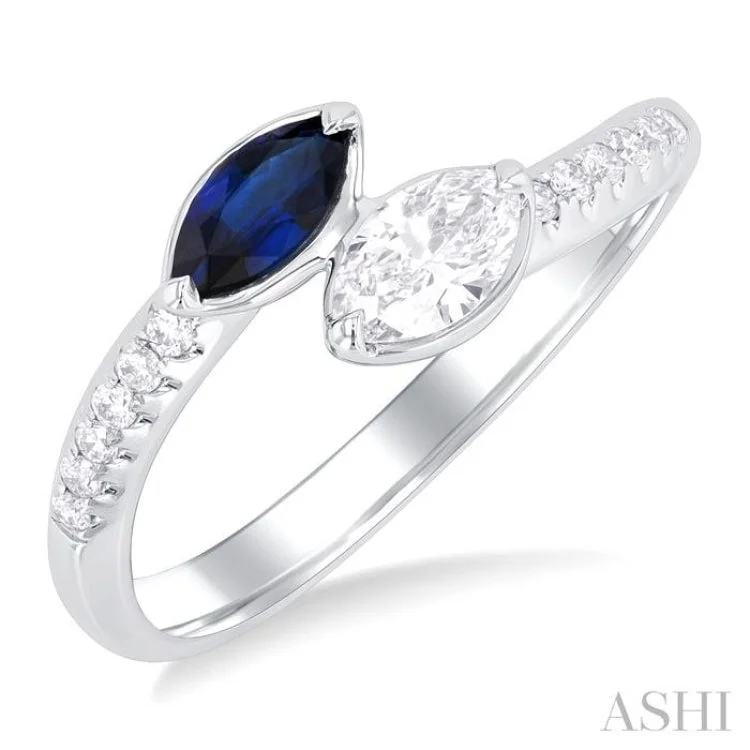 Modern Sapphire Engagement Ring-1/3 ctw Toi Et Moi 6X3MM Marquise Cut Sapphire and 1/4 ctw Marquise & Round Cut Diamond Precious Fashion Ring in 14K White Gold