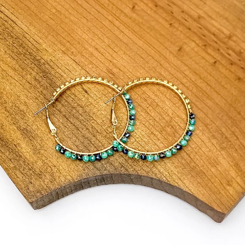 Simple Hoop Earrings-Gold Tone Hoop Earrings Wrapped in Clear and Blue Crystals