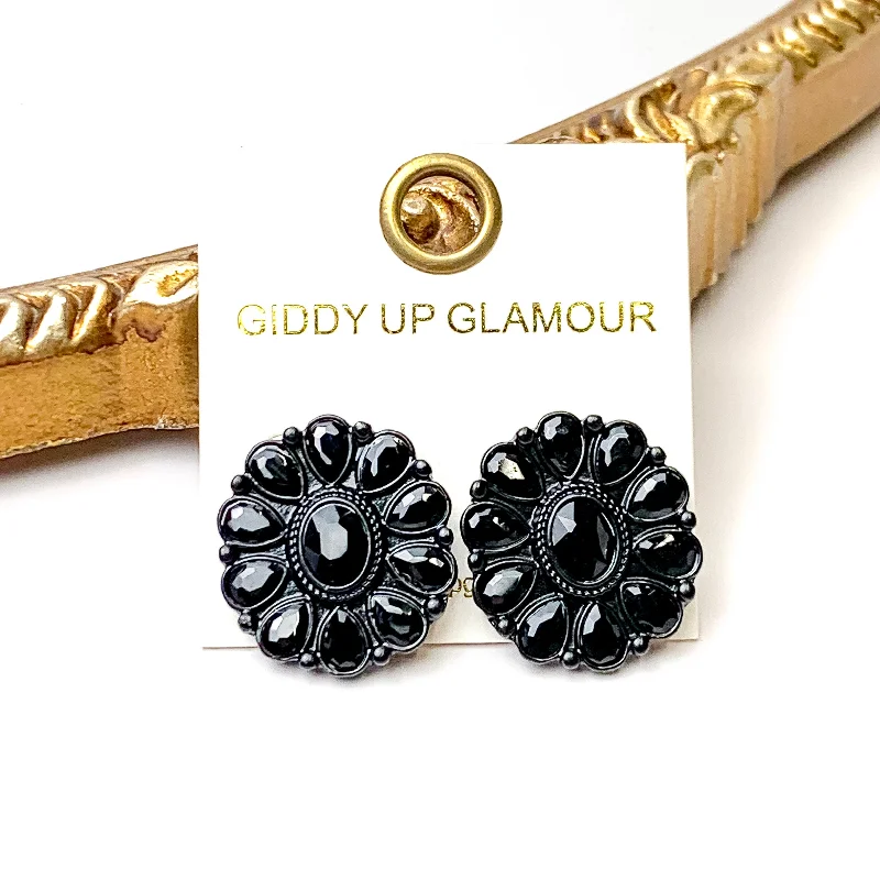 Geometric Earrings for Women-Prismatic Petal Black Stone Flower Concho Stud Earrings