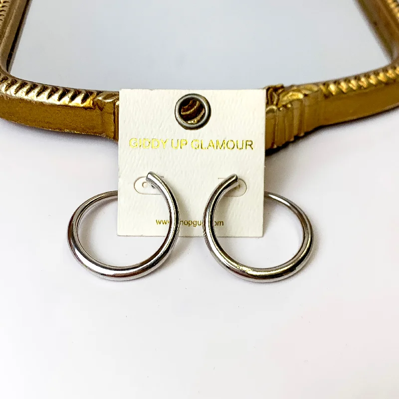 Handmade Gold Earrings-Thick Offset Silver Tone Hoop Earrings