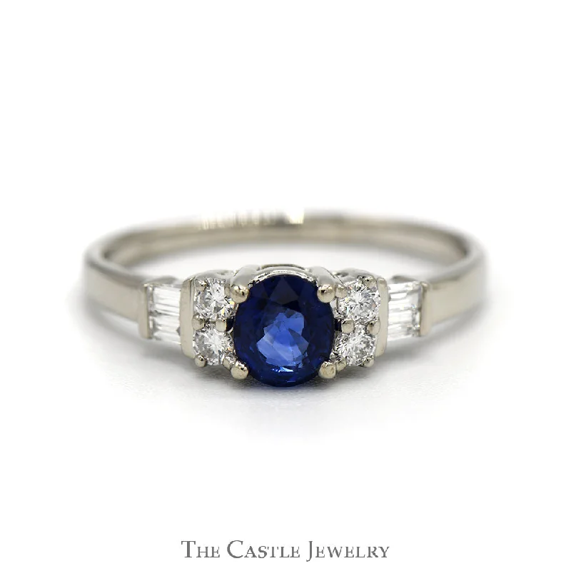 Custom Diamond Band-Round Sapphire Ring with Baguette and Round Diamond Accented Sides in 14k White Gold