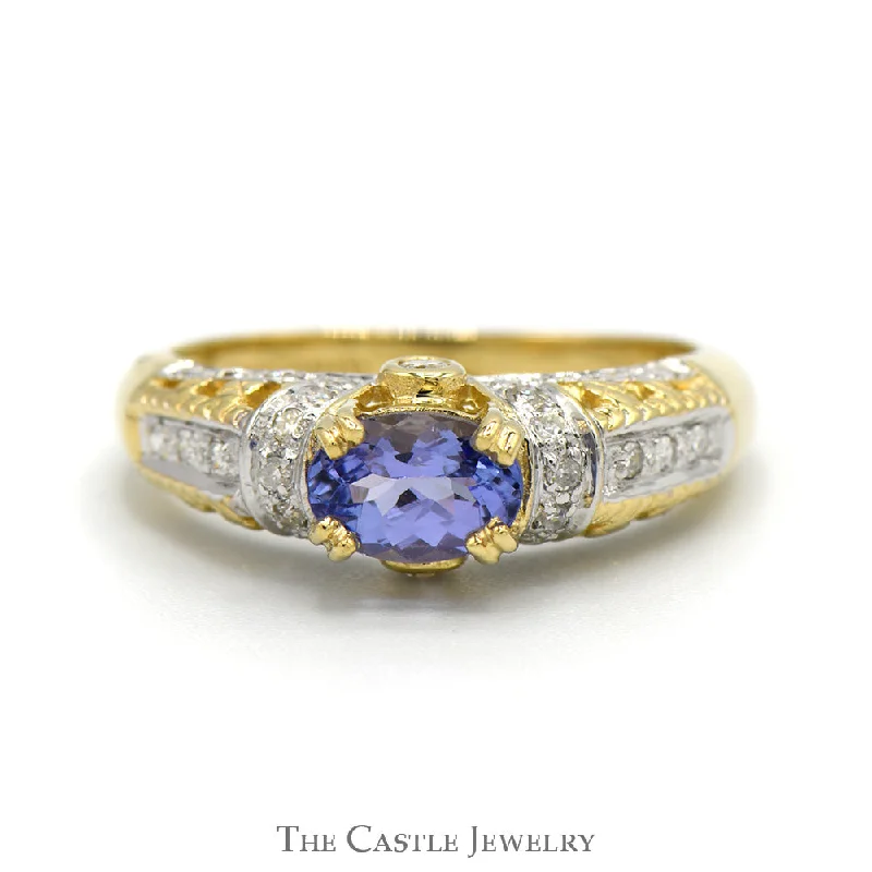 Classic Silver Wedding Ring-Oval Tanzanite Ring with Diamond Accented Sides in Ornate 14k Yellow Gold Mounting