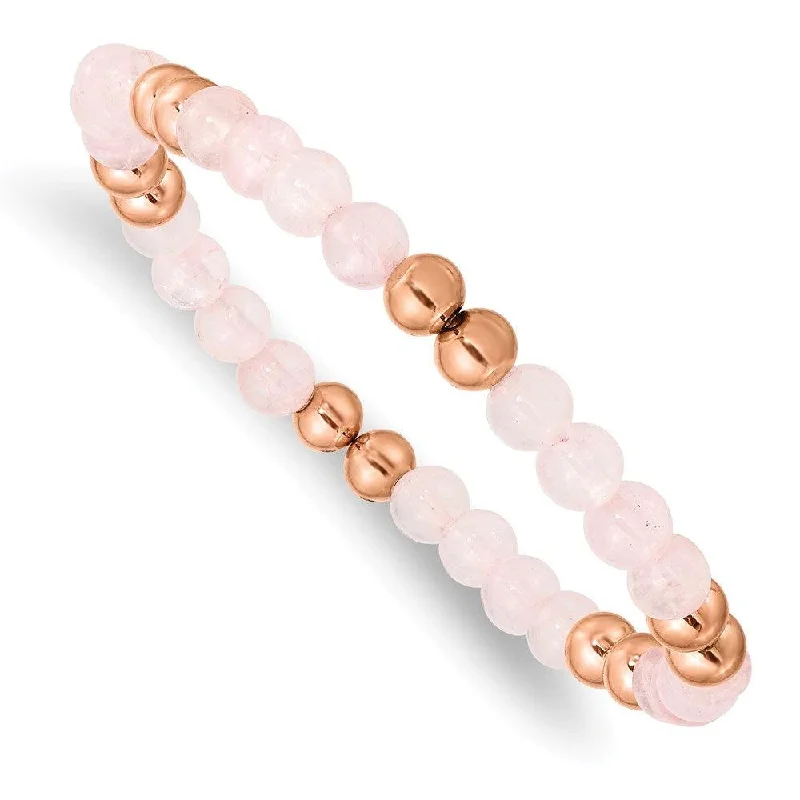 Luxury Tennis Bracelet for Weddings-Stainless Steel Polished Rose IP-plated Pink Quartz Beaded Stretch Bracelet