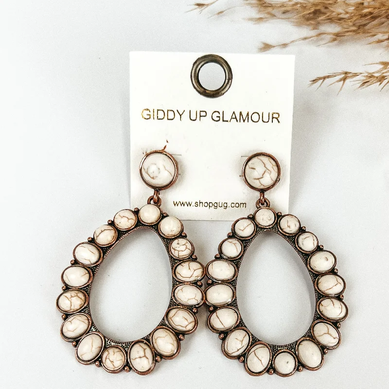 Handmade Gold Earrings-Copper Tone Circle Post Earrings and Open Teardrop Pendant with White Stones