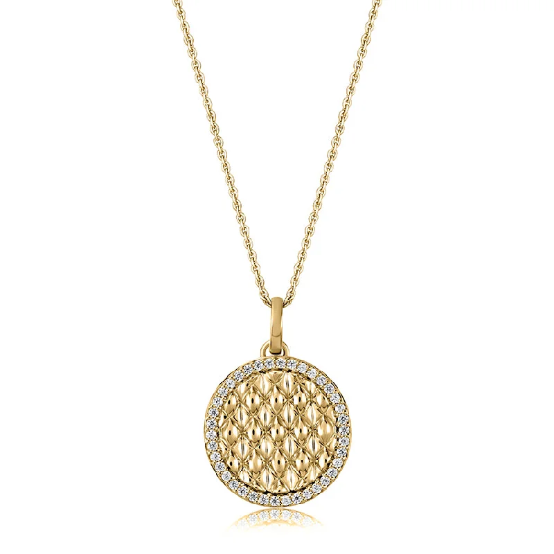 Gemstone Necklace for Weddings-A. Jaffe 14K Yellow Gold 0.19cttw. Diamond Border Quilted Center Pendant Necklace