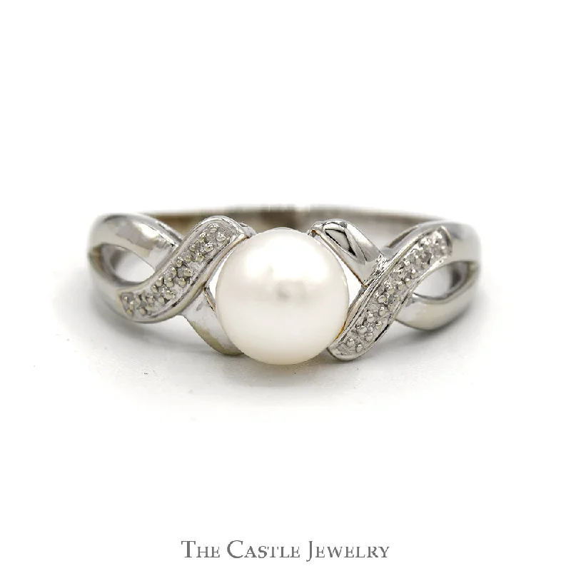 Custom Engagement Ring for Bride-Round White Pearl Ring with Diamond Accented Twisted Sides in 10k White Gold