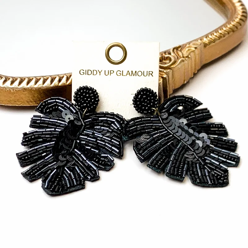 Vintage Wedding Earrings-Beaded Palm Leaf Statement Earrings in Black