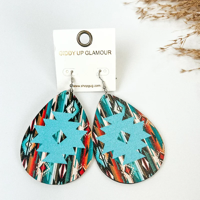 Elegant Gemstone Earrings-Wooden Serape Teardrop Earrings with Aztec Print in Blue Multicolor