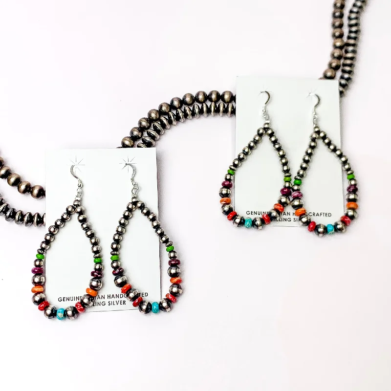 Modern Silver Drop Earrings-Navajo | Navajo Handmade Sterling Silver Navajo Pearl Teardrop Earrings with Green, Blue, Purple, and Orange Spacers