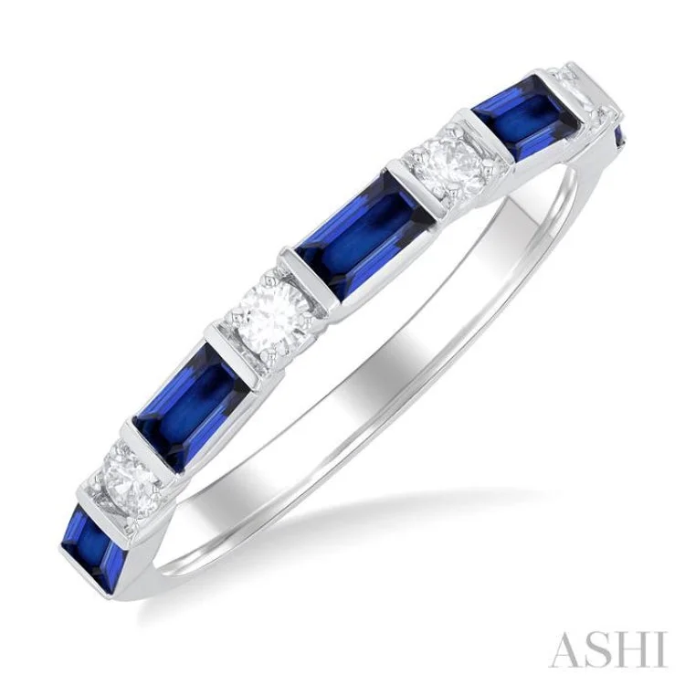 Wedding Ring Set with Sapphire-1/5 ctw Art Deco 4X2MM Baguette Cut Sapphire and Round Cut Diamond Precious Band in 14K White Gold