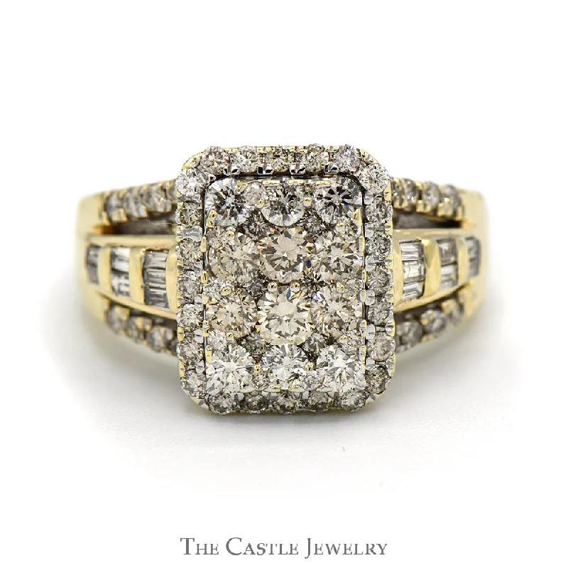 Vintage Diamond Engagement Ring-Rectangle Shaped 2cttw Diamond Cluster Ring with Halo and Accents in 10k Yellow Gold