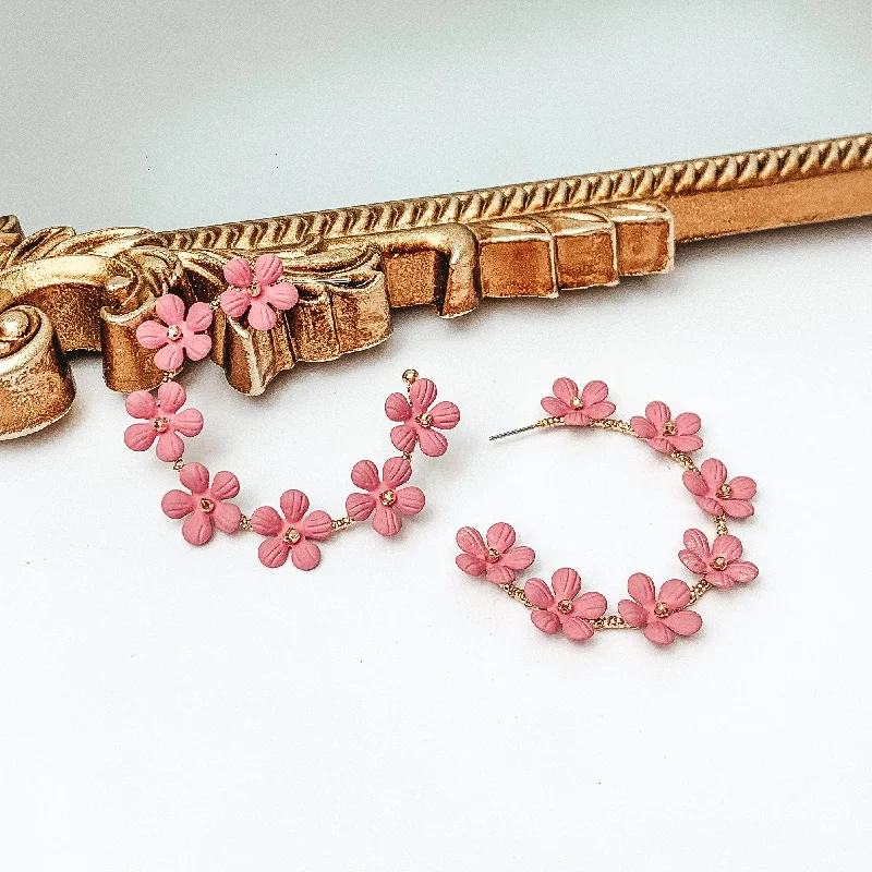 Heart Shaped Earrings-Market Flowers Gold Tone Hoop Earrings with Flower Charms in Mauve Pink