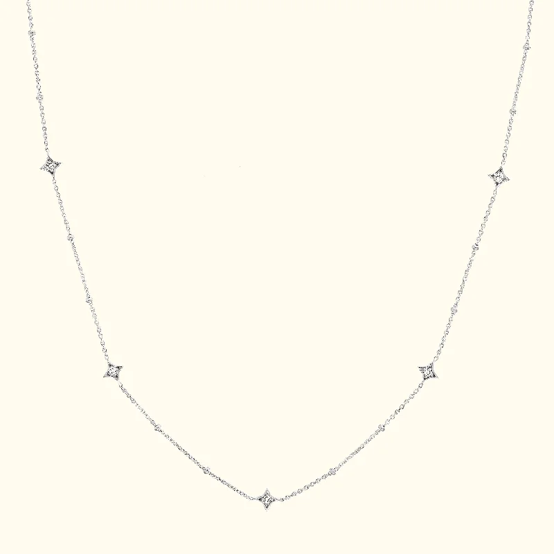 Simple Crystal Necklace-Diamond Star Bezels and Beads Necklace