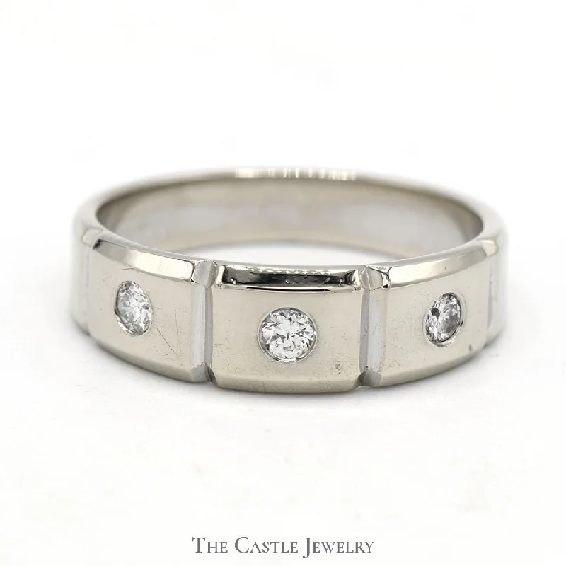 Bold Engagement Ring-Flat Set Triple Diamond Band with Grooved Design in 14k White Gold