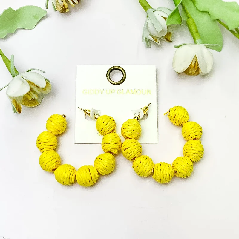 Affordable Gold Earrings-Sorbet Summer Raffia Ball Hoop Earrings in Yellow