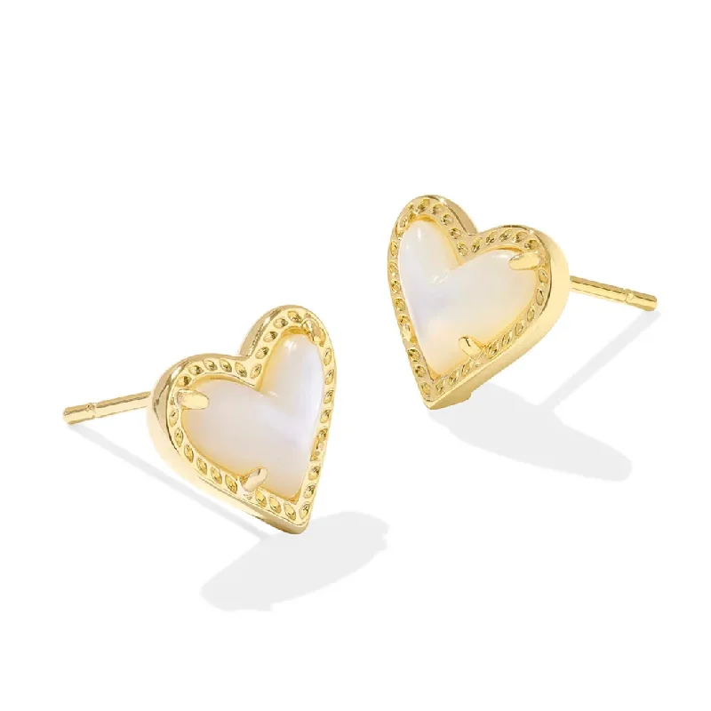 Artistic Earrings for Women-Kendra Scott | Ari Heart Gold Stud Earrings in Ivory Mother-of-Pearl