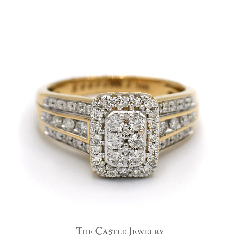 Stunning Gold Ring for Women-3/4cttw Rectangular Diamond Cluster Ring with Diamond Accented Sides in 14k Yellow Gold