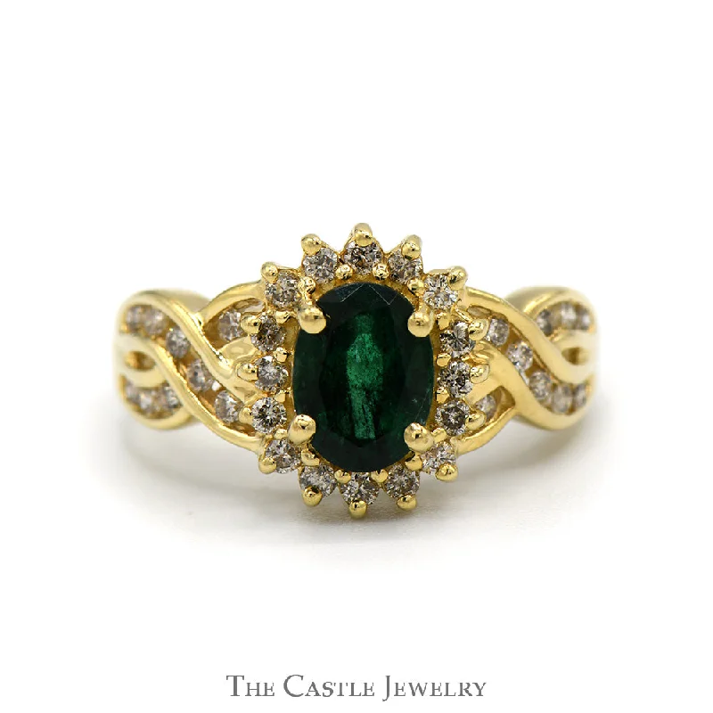 Personalized Diamond Ring-Oval Cut Emerald Ring with Diamond Halo and Channel Set Diamond Accented Twisted Sides in 14k Yellow Gold