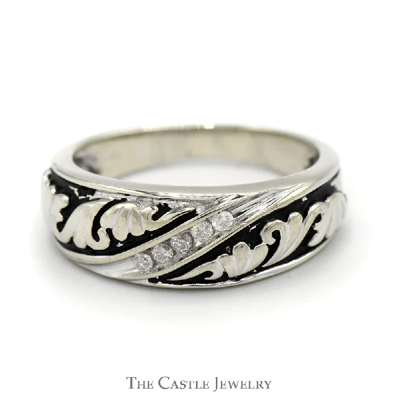 Unique Diamond Ring-Nick Set Diamond Band with Black Enamel Floral Design in 10k White Gold