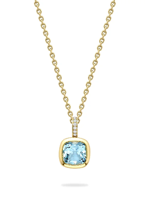 Luxury Silver Necklace-Florentine Dolce Vita Cushion Aquamarine Yellow Gold Pendant