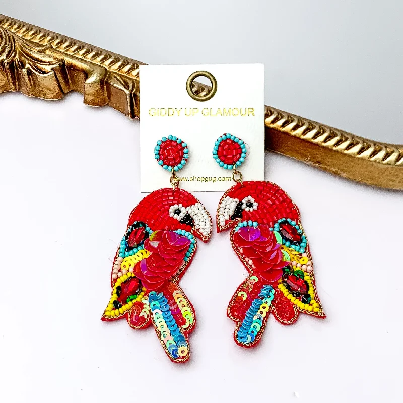 Pearl and Gold Earrings-Beaded Parrot Earrings in Red with Two Stones