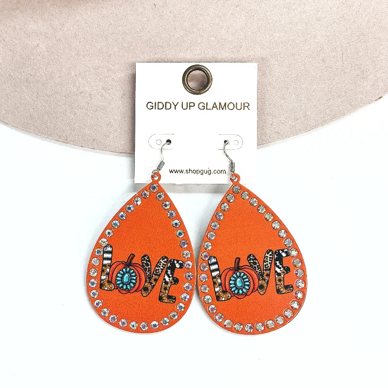 Elegant Drop Earrings-Seasonal Treats Love Teardrop Earrings in Orange with AB Crystals