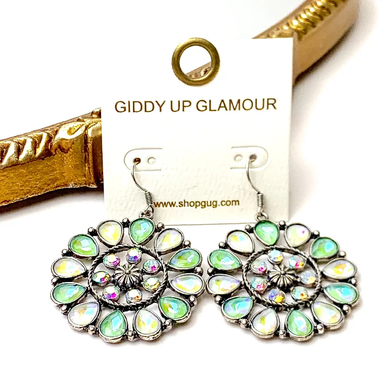 Party Earrings for Women-Desert Daisy Silver Tone Flower Concho Drop Earrings in Green and Ivory