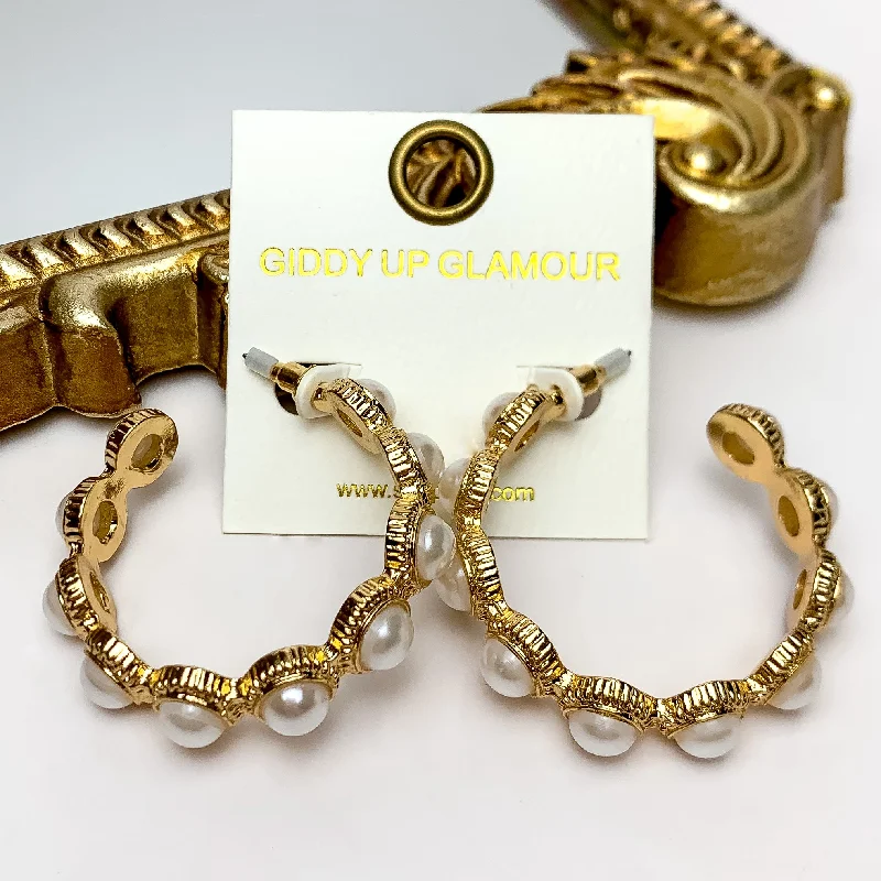 Luxury Diamond Earrings-Gold Tone Pearl Beaded Hoop Earrings in Ivory