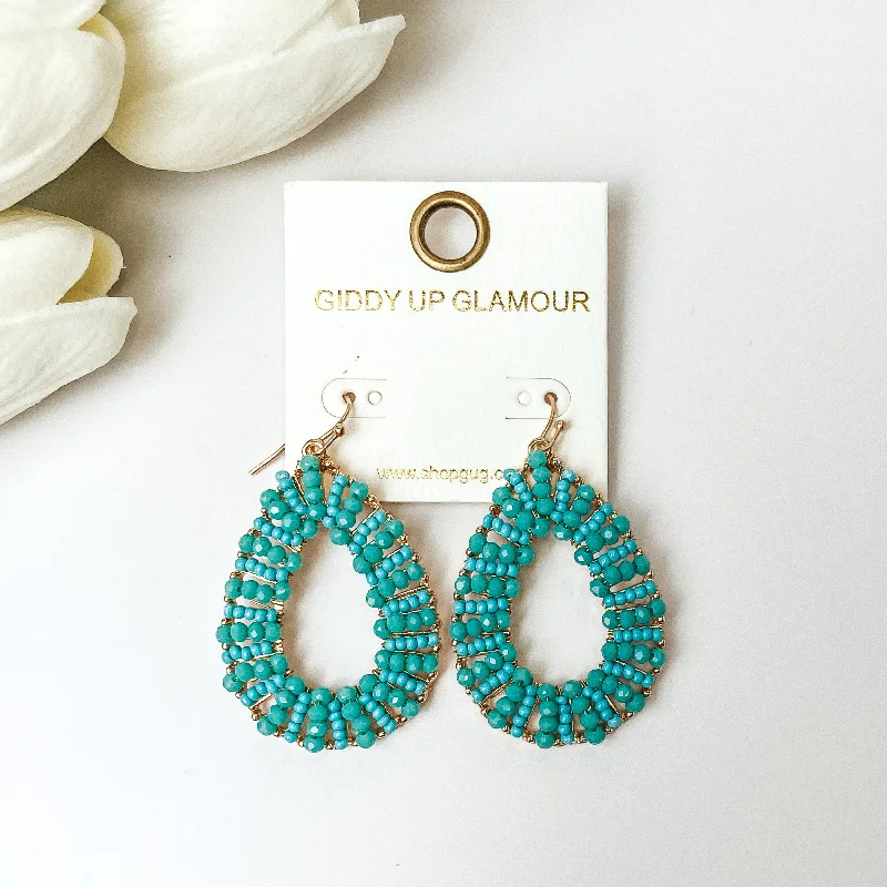 Charming Earrings for Women-Gold Tone Teardrop Earrings with Turquoise Beaded Outline