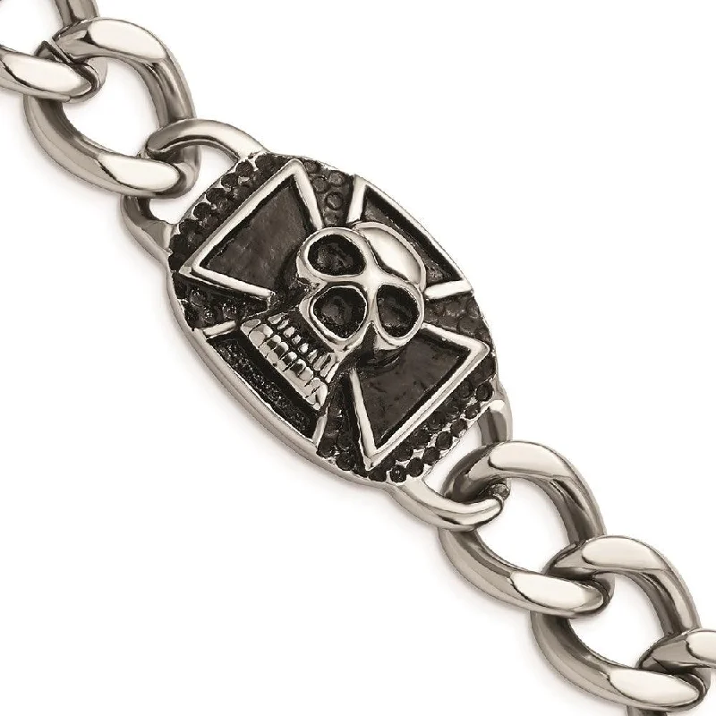 Silver Bracelet with Crystals-Stainless Steel Polished Skull Bracelet