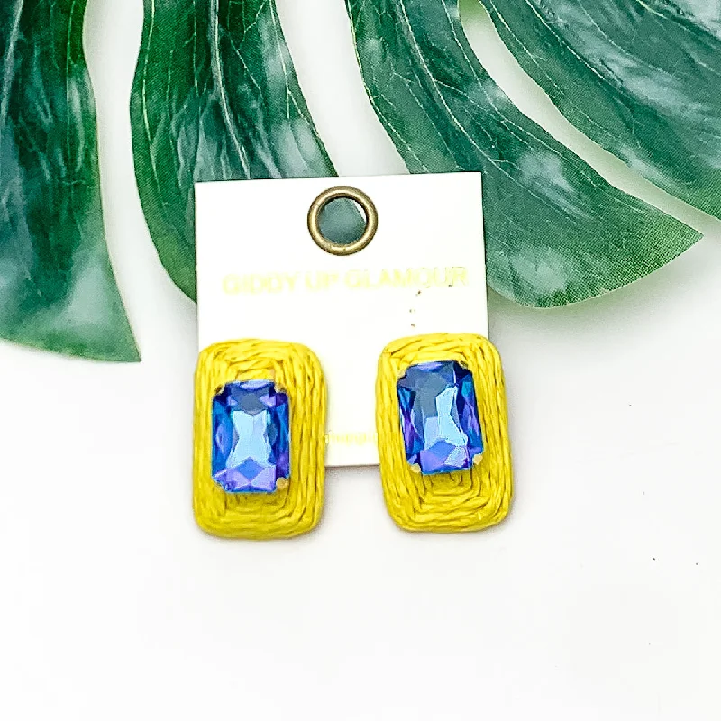 Sparkling Silver Earrings-Truly Tropical Raffia Rectangle Earrings in Yellow With Blue Crystal