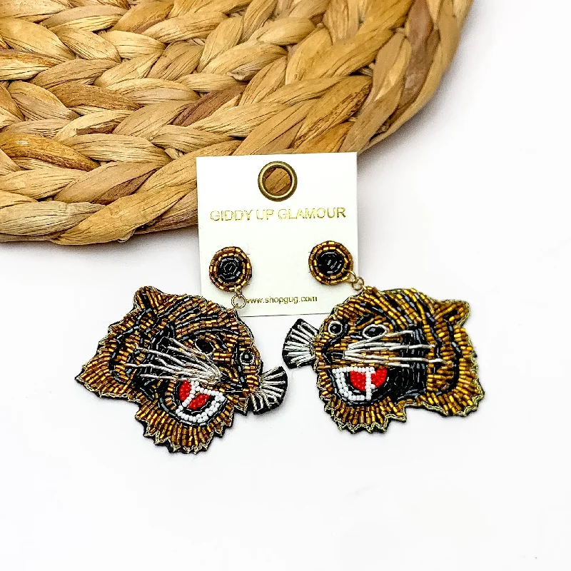 Modern Gold Earrings-Tiger Beaded Drop Earrings in Gold and Black