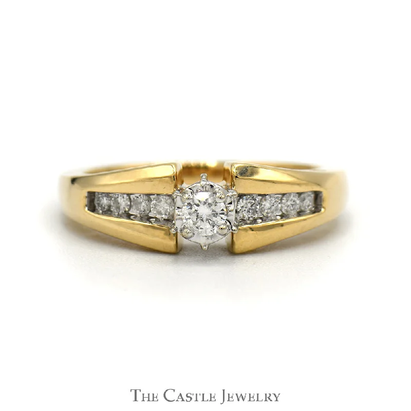 Simple Diamond Engagement Ring-1/4cttw Diamond Solitaire Engagement Ring with Diamond Accented Sides in 14k Yellow Gold