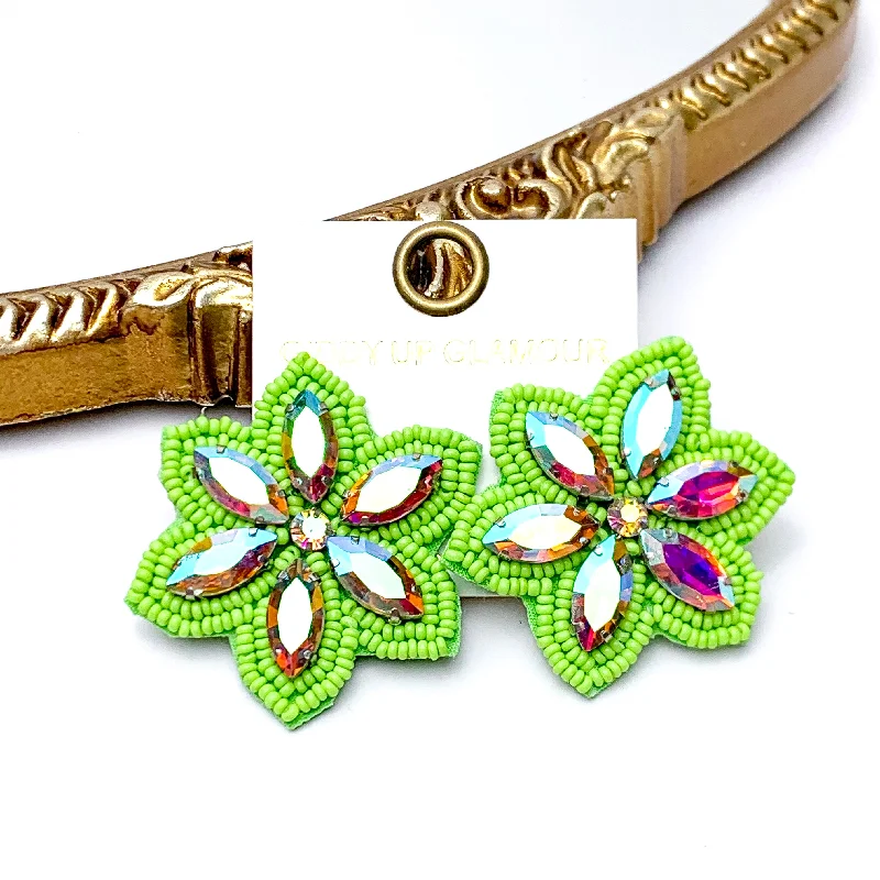 Lightweight Hoop Earrings-Prismatic Petals Seed Bead Flower Stud Earrings with AB stones in Lime Green