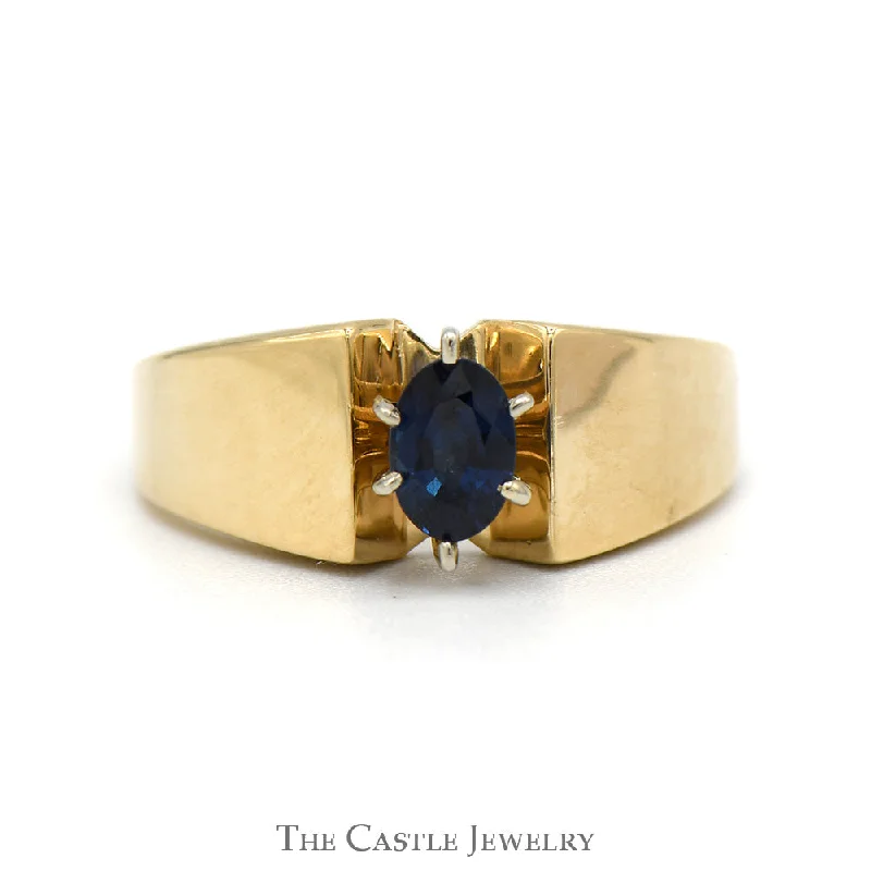 Beautiful Gold Wedding Band-Oval Sapphire Solitaire Ring with Wide Polished Band in 14k Yellow Gold