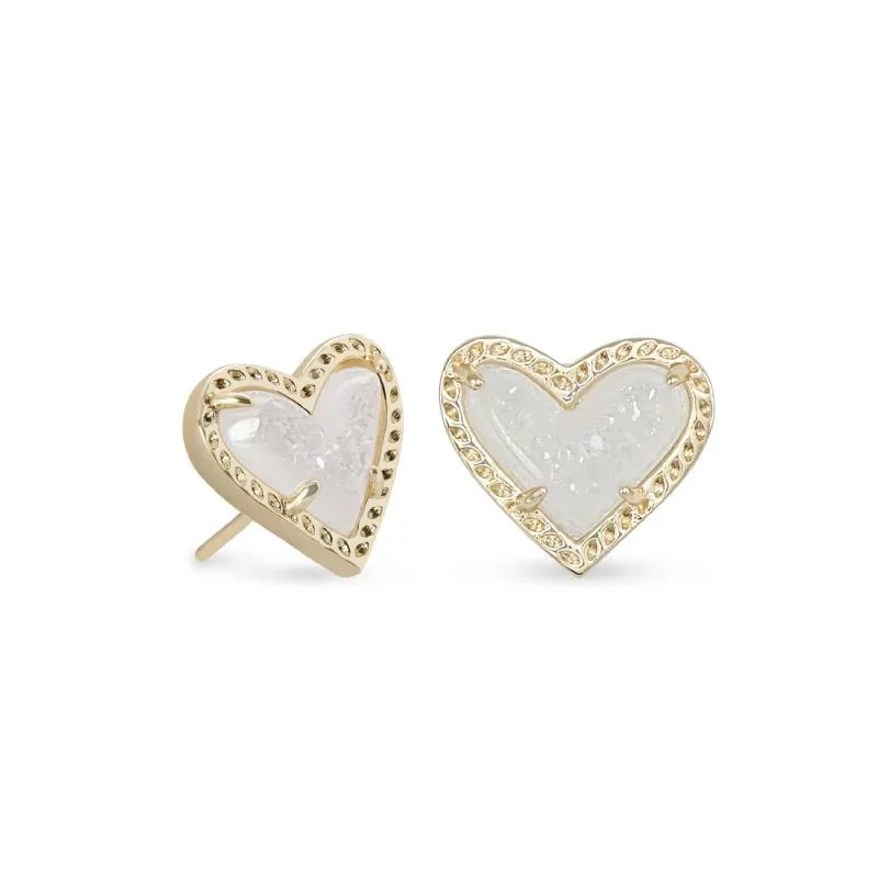 Custom Earrings for Bridesmaids-Kendra Scott | Ari Heart Gold Stud Earrings in Iridescent Drusy