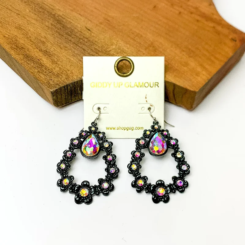 Colorful Drop Earrings-Black Open Drop Flower Earrings with AB Crystals