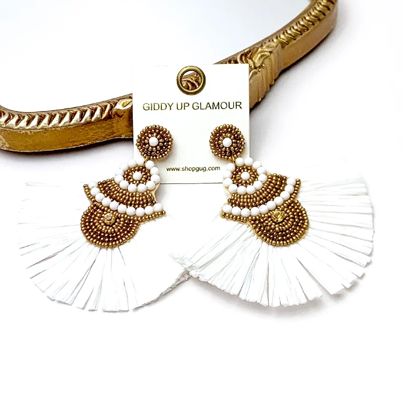 Lightweight Hoop Earrings-Seed Beaded Drop Earrings with Raffia Fringe in Gold and Ivory