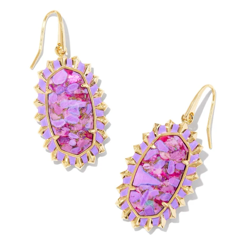 Affordable Gold Earrings-Kendra Scott | Dani Gold Color Burst Frame Drop Earrings in Bronze Veined Violet Magnesite