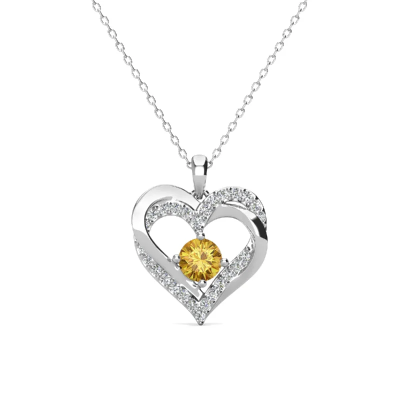 Long Silver Necklace-Forever November Birthstone 18k White Gold Plated Silver Double Heart Diamond Necklace with Swarovski Crystals