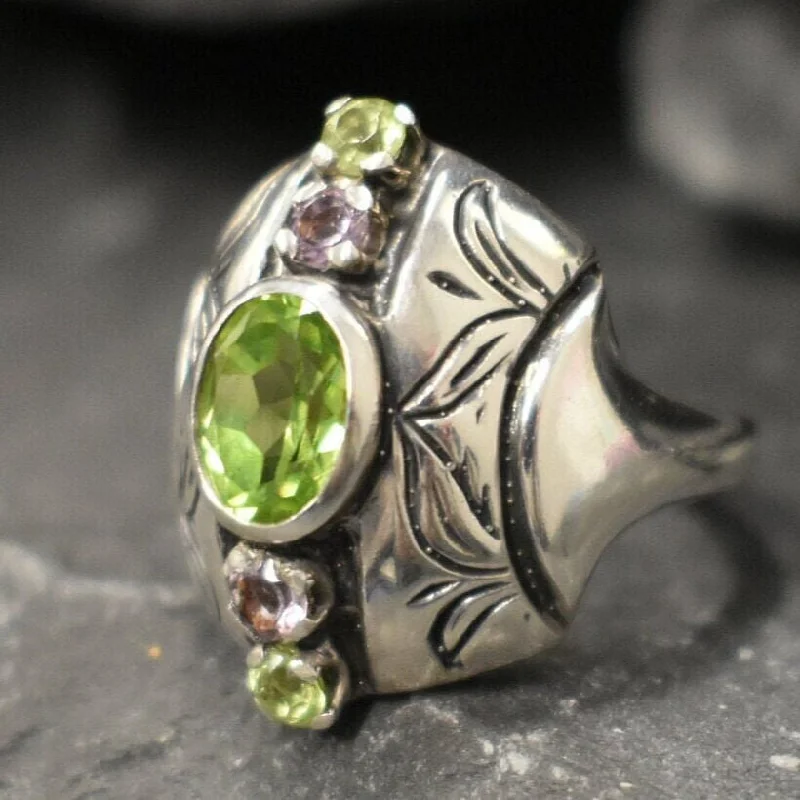 Gemstone Wedding Ring for Men-Peridot Ring - Tribal Multistone Ring - Bezel Cocktail Ring