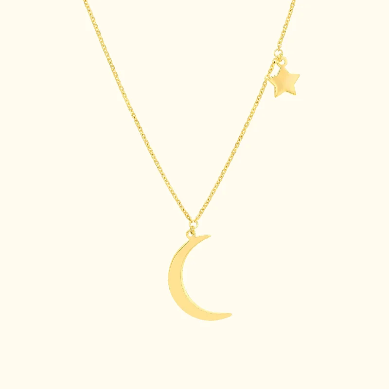 Silver Necklace with Birthstone-Crescent Moon + Star Dangle Necklace