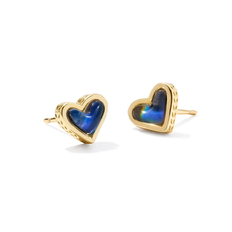 Modern Drop Earrings-Kendra Scott | Framed Ari Heart Gold Stud Earrings in Mood Stone