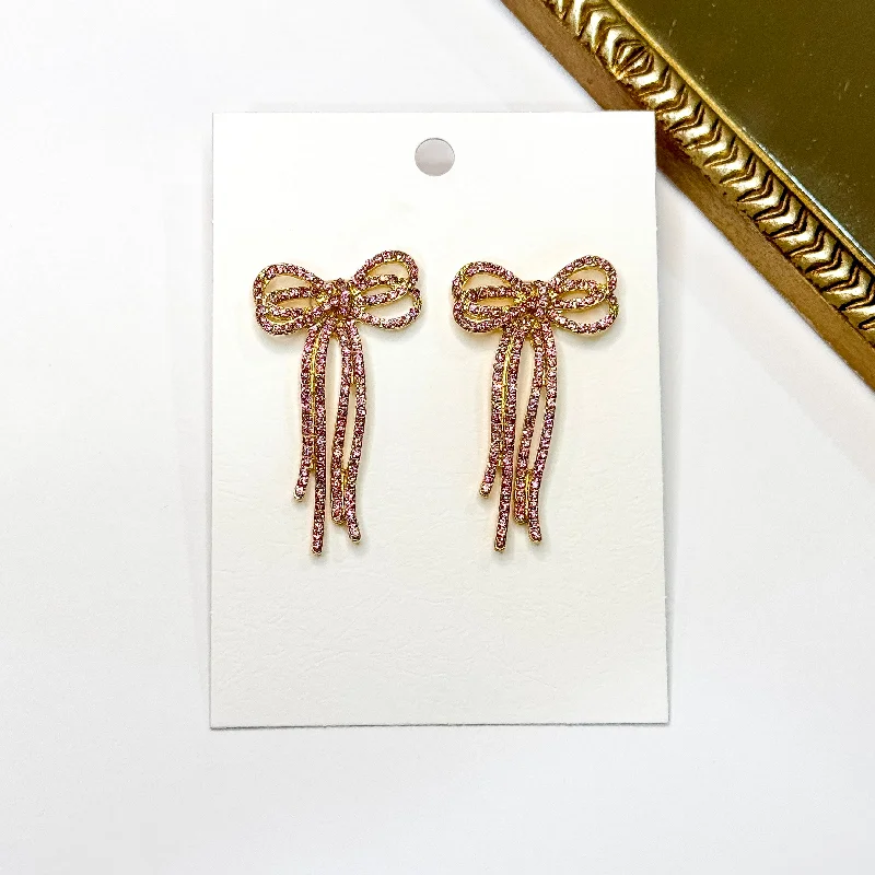 Classic Gold Stud Earrings-Radiant Ribbons Gold Tone Pink Rhinestone Bow Earrings