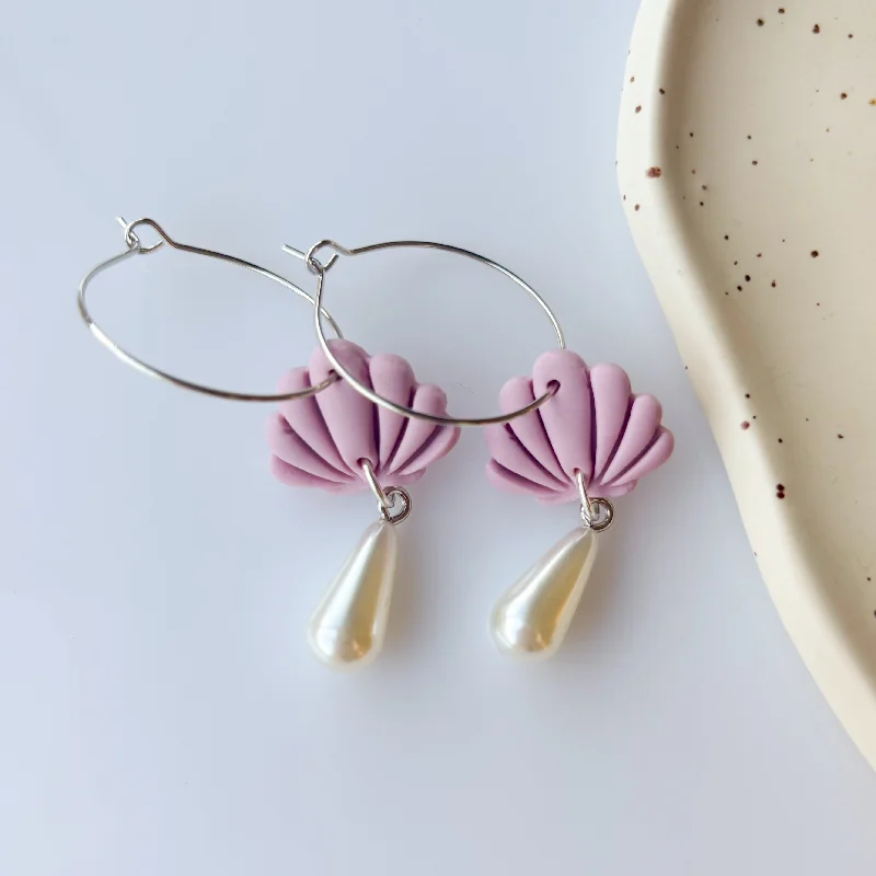 Large Hoop Earrings for Women-LILAC SEA SHELL HOOP EARRINGS