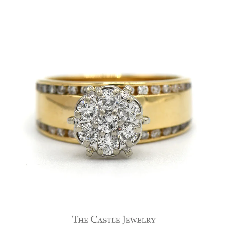 Wedding Ring for Bride-3/4cttw 7 Diamond Cluster Ring with Channel Set Diamond Accents in 14k Yellow Gold