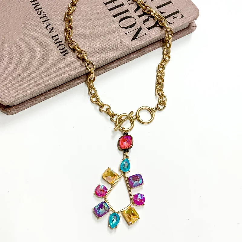 Crystal Drop Earrings-Pink Panache | Gold Tone Chain Necklace with a Pink Lotus Delight Crystal Drop and Multicolor Crystal Teardrop Pendant