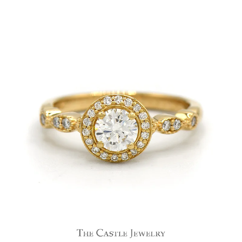 Gorgeous Wedding Band with Diamonds-3/4cttw Round Diamond Solitaire Engagement Ring with Diamond Halo and Accented Sides in 14k Yellow Gold