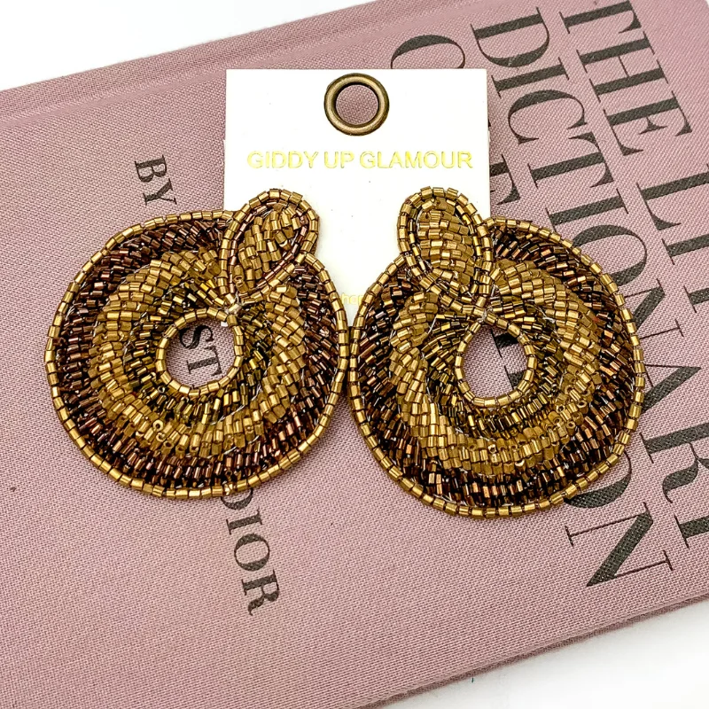 Vintage Gold Earrings-Circle Beaded Post Earrings in Brown